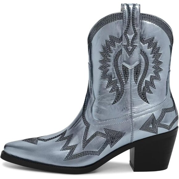 Women's Metallic Embroidered Pointed Toe Cowgirl Boots Chunky Heel Pull-On Blue - Picture 2 of 6